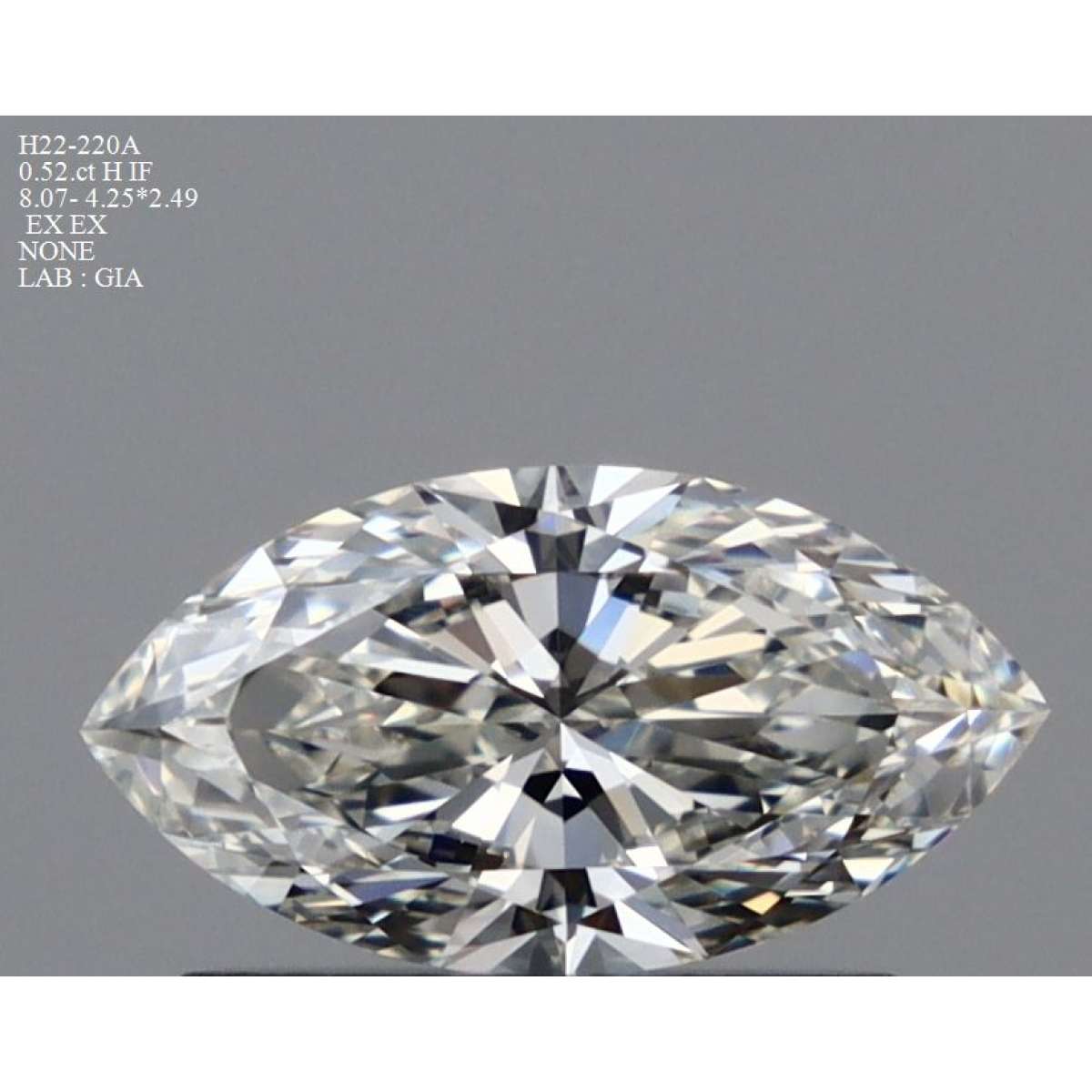 Certified Diamond GIA Carats 0.52 Color H Clarity IF  -  EX  EX Fluorescence NON Brown No Green No Milky No EyeClean 100%