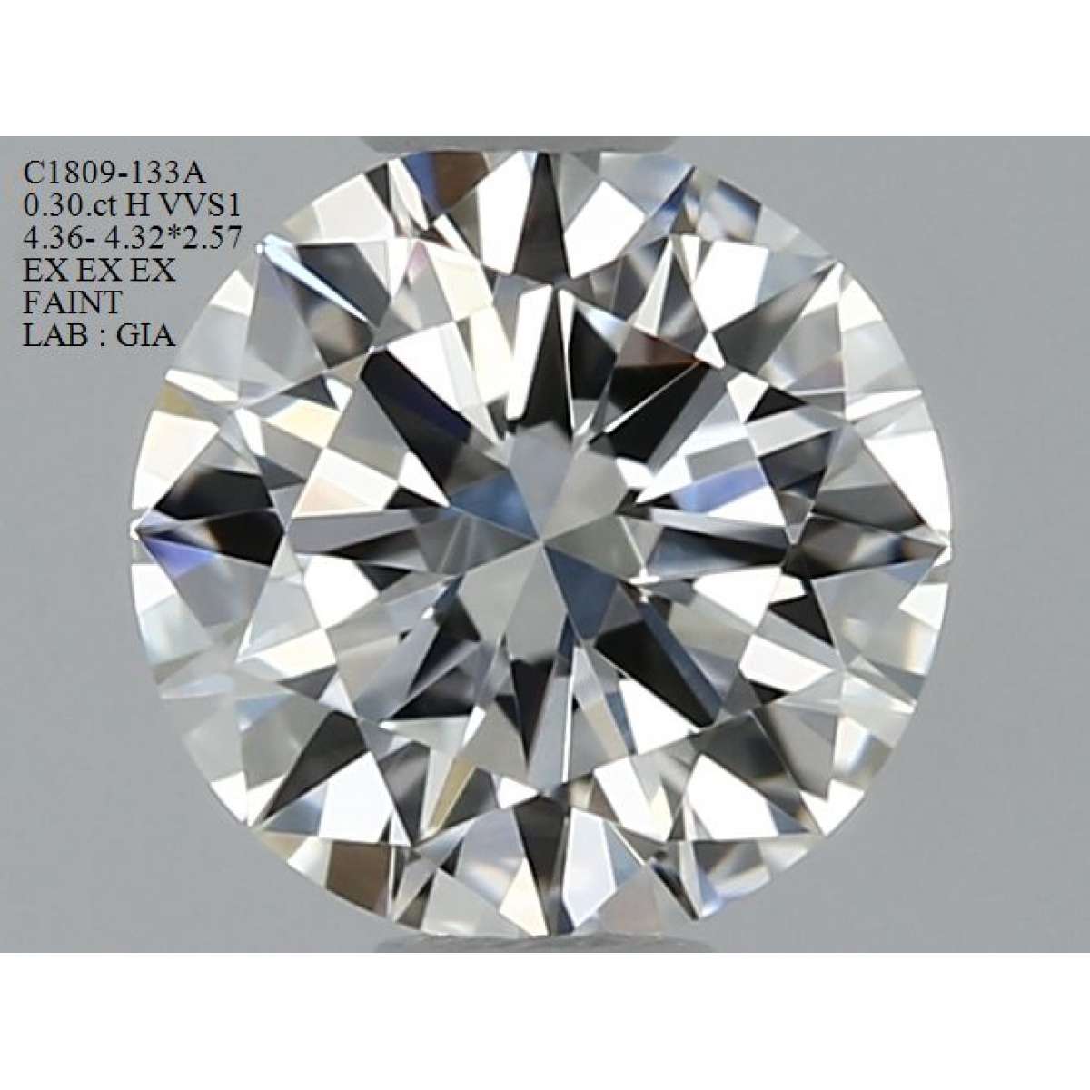 Certified Diamond GIA Carats 0.3 Color H Clarity VVS1  EX  EX  EX Fluorescence FNT Brown No Green No Milky No EyeClean 100%