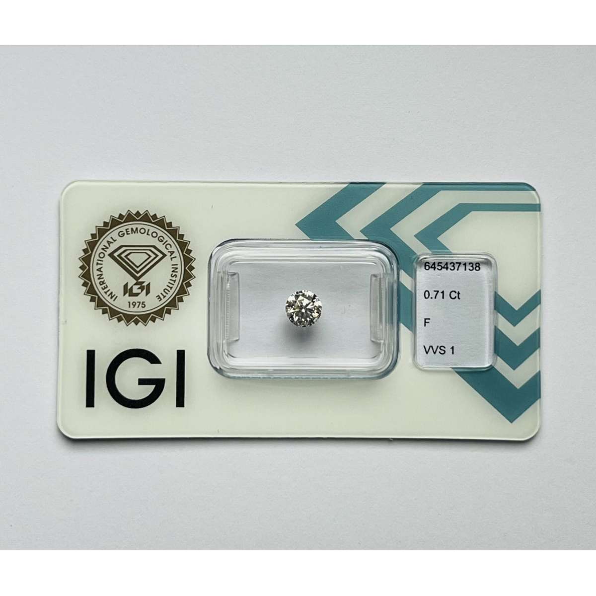 Certified Diamond IGI Carats 0.71 Color F Clarity VVS1  VG  EX  EX Fluorescence FNT Brown No Green No Milky No EyeClean 100%