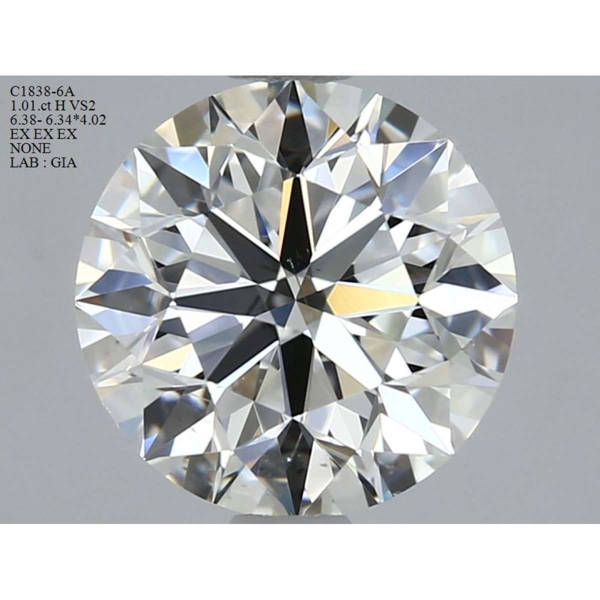 Certified Diamond GIA Carats 1.01 Color H Clarity VS2  EX  EX  EX Fluorescence NON Brown No Green No Milky No EyeClean 100%